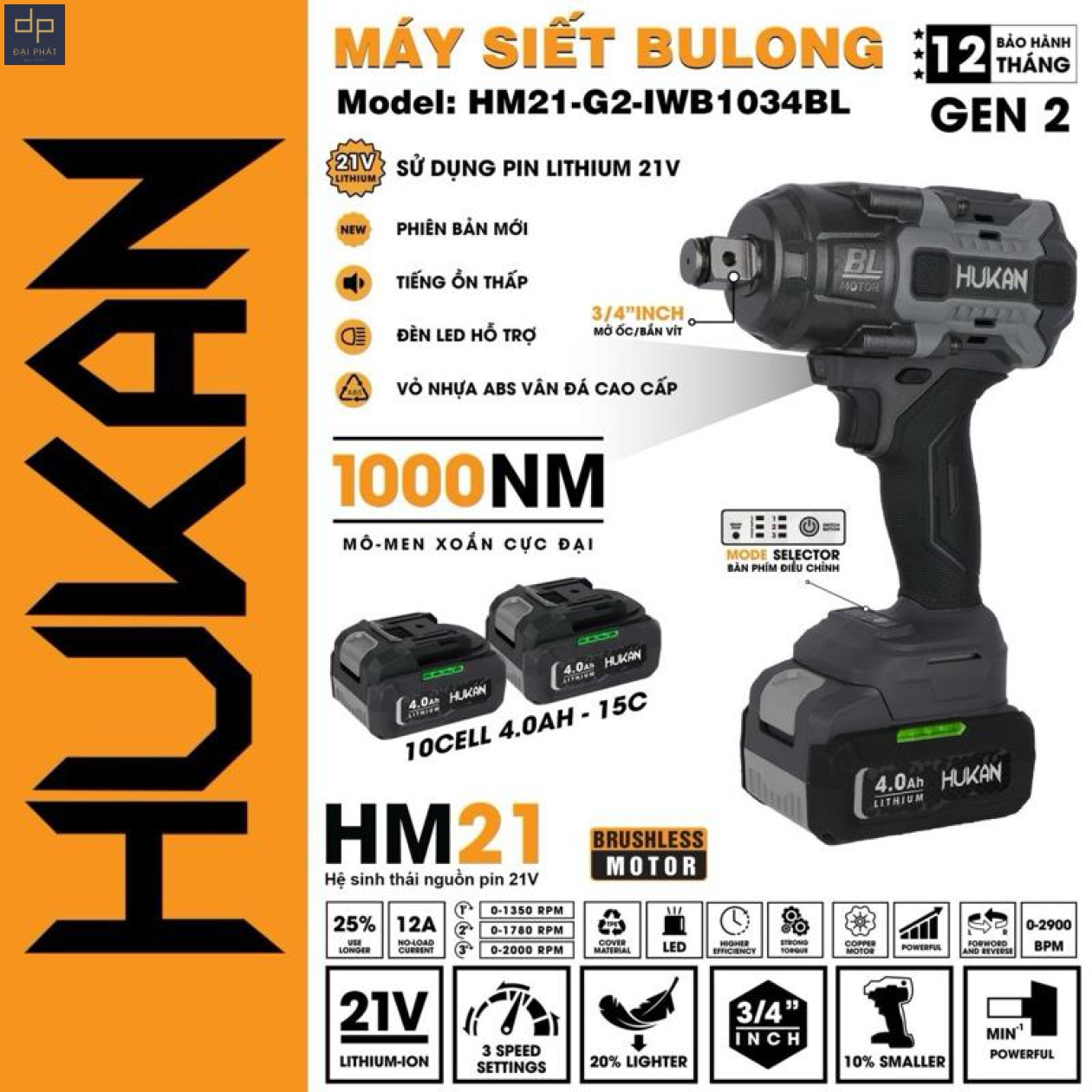 Hukan Máy Siết Bulong Pin HM21-G2-IWB1034BL